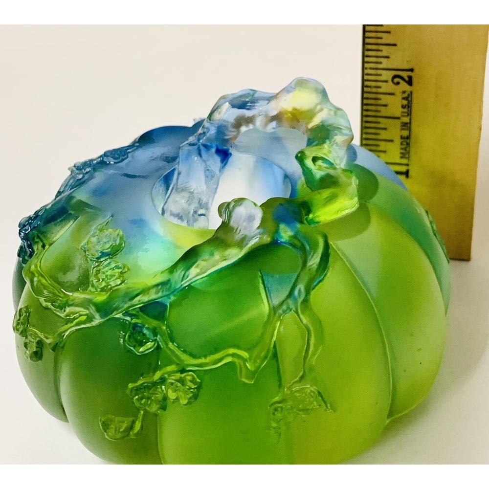 VTG '98 Liuligongfang Asian Green Blue Crystal Art Lotus Decorative Signed RARE! - Picture 4 of 12